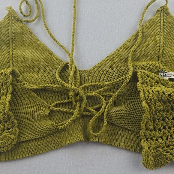 Free People -363 Intimately Citron Tie Back‎ Crochet Knit Crop Top Size M - Picture 5 of 8